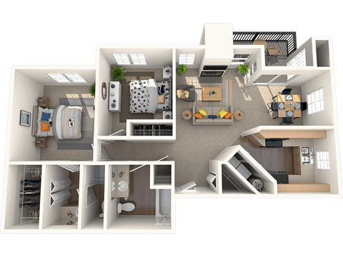 a rendering of a floor plan with bedrooms and a living room
